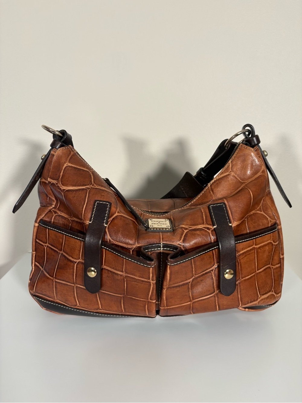 Dooney & Bourke Brown Croc-Embossed Leather Shoulder Bag with Dark Brown Trim